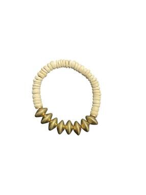 Boho Wood Bead Stretch Bracelet Neutral Tan Gold Accent Stackable Minimalist